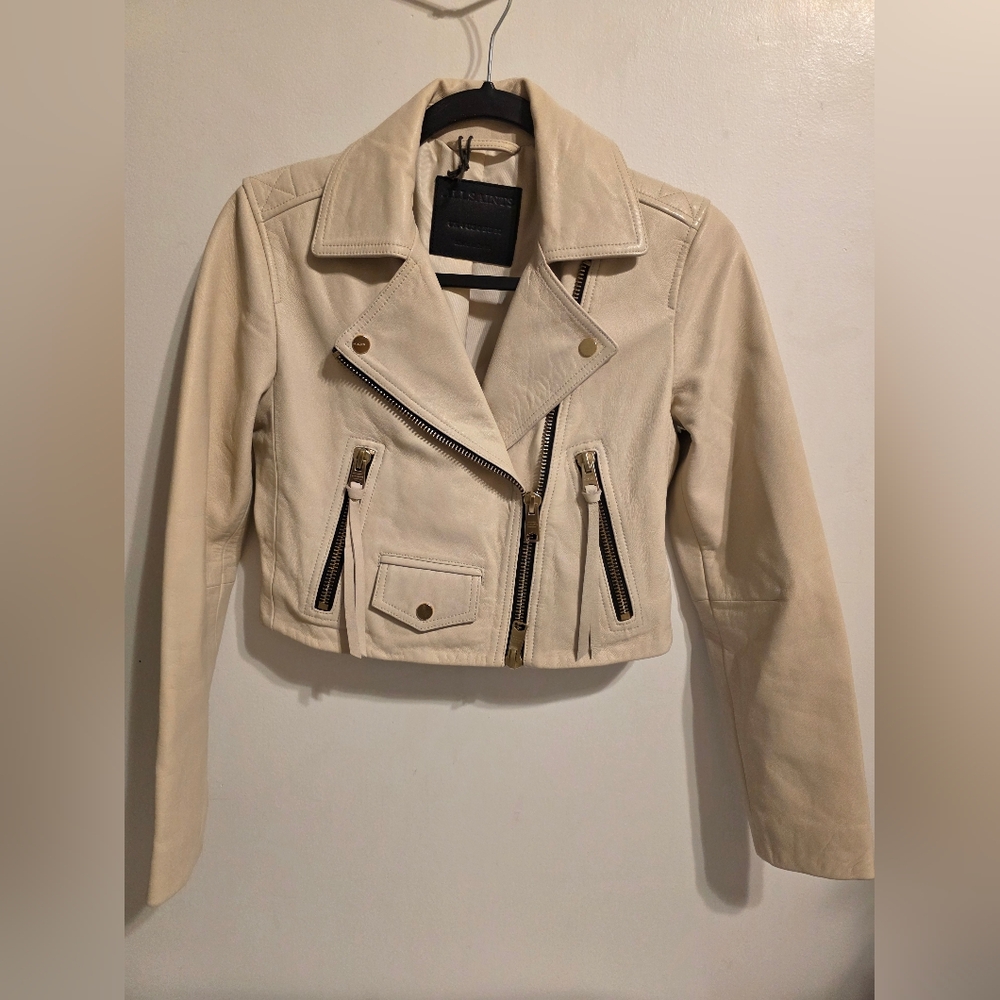 AllSaints Leather Jacket Womens 0  Ivory White Dalby Biker Classic Design $575